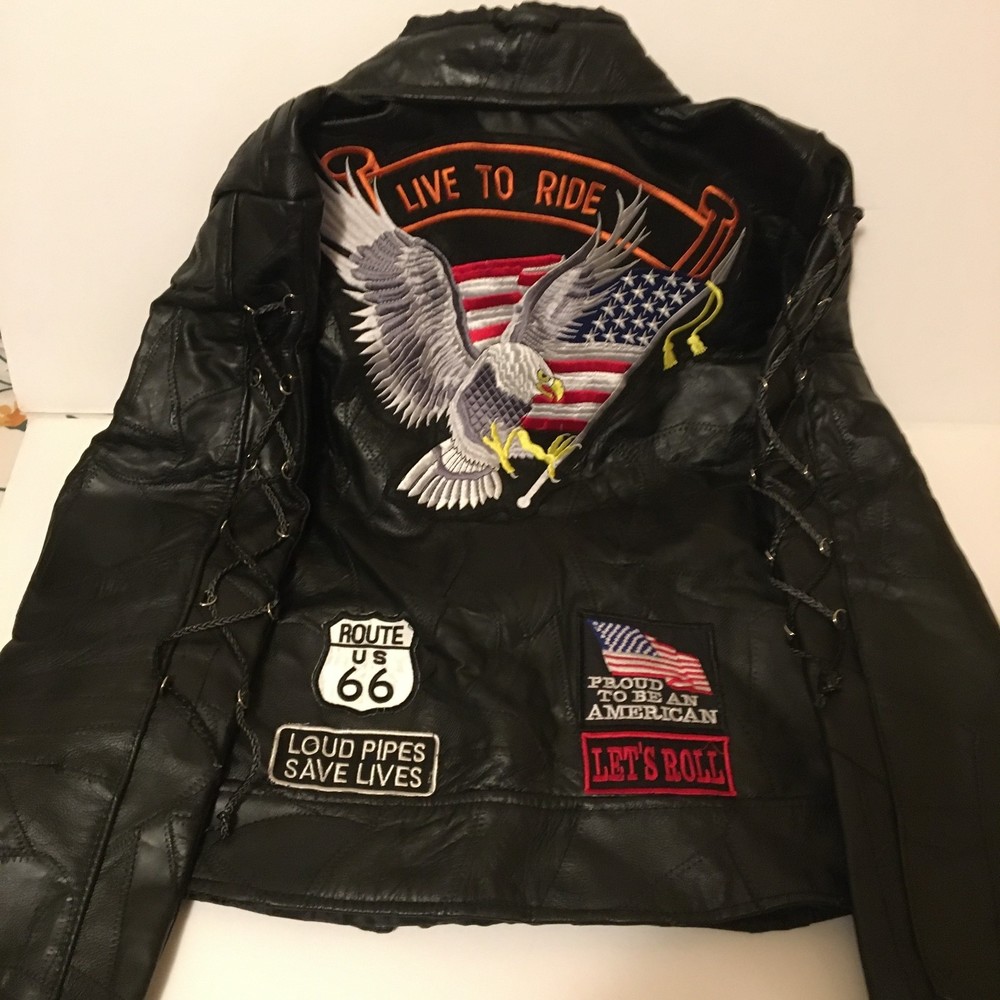 Diamond Plate Buffalo Leather Patchwork Biker Jacket Black USA Eagle Sz- Med